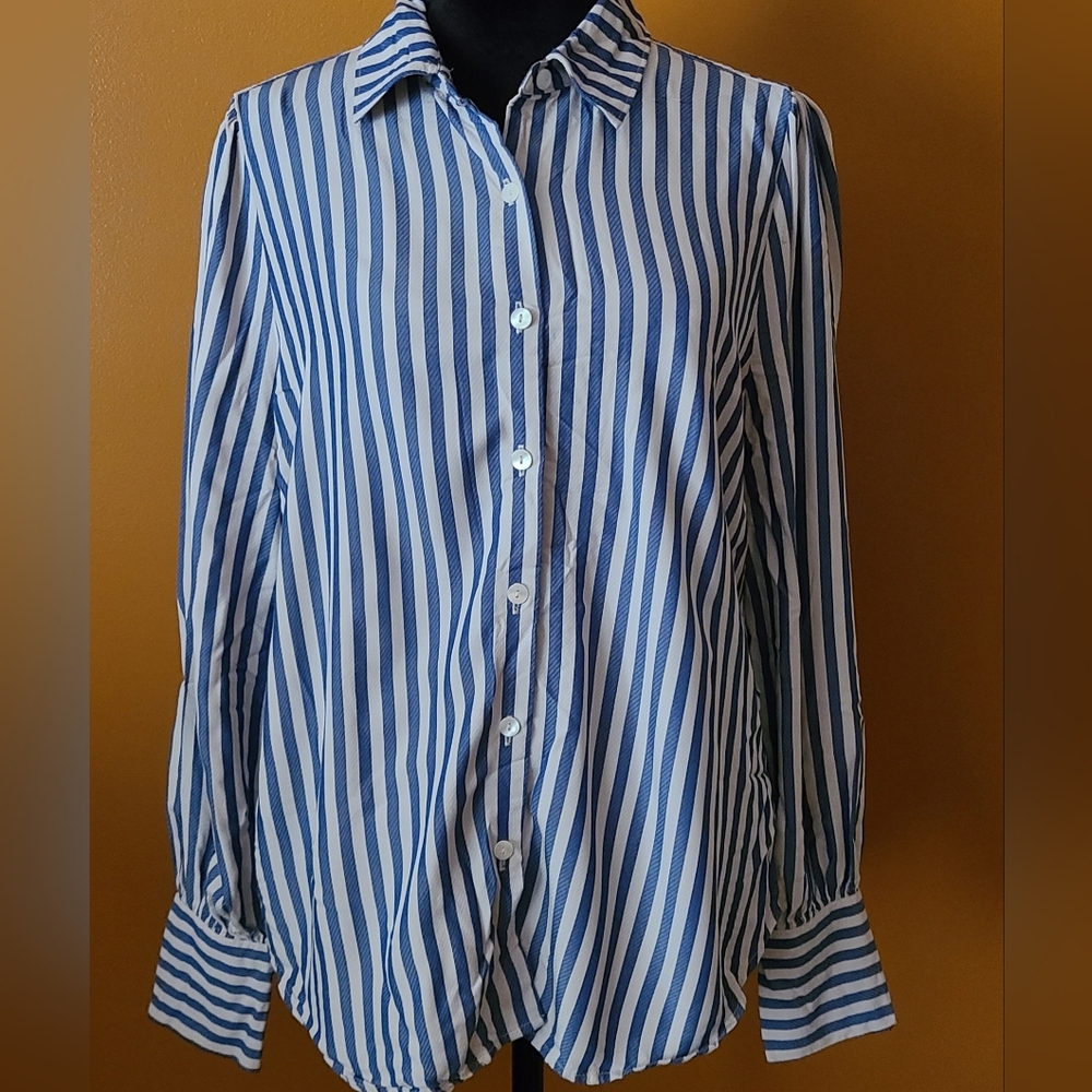 Ann Taylor Factory Blue and White Striped Button Down Shirt